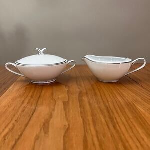 Noritake Cream Sugar Bowl With Lid White Silver China Serving